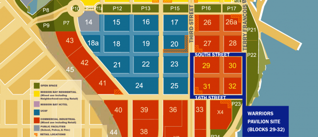Mission Bay Plan parcel map with Salesforce/Golden State Warriors area outlined